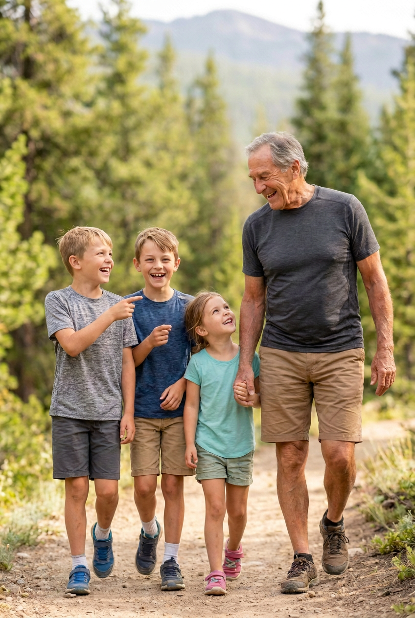Client testimonial — Age 71 · Back on the mountain with his grandkids.